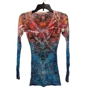 Vintage Daytrip Womens Long Sleeve Multicolor V-Neck Top With Rhinestone Accents